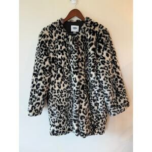Old Navy Animal Print Faux Fur Coat Jacket Black Cream Women's Size Large